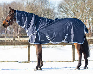 QHP Outdoordecke Turnout mit fixiertem Hals und 300 g Füllung Dunkelblau 165 cm – Bild 1 von 2
