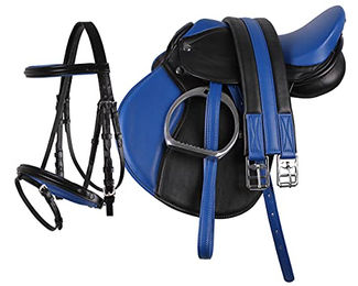 Produktbild von QHP Pony Sattel-Set aus Leder mit Trense in Schwarz-Blau inklusive Sattelgurt und Steigbügeln