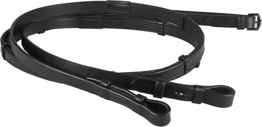 QHP Zügel mit Gummiunterseite und Stoppern für Warmblut in Schwarz – Bild 1 von 3