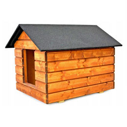 QLS Hundehütte aus Holz Größe L in Braun mit Vorhang wasserfest und isoliert – Bild 1 von 5