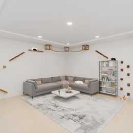 QLS Katzen Kletterwand Set aus Holz mit 2 Brücken und 3 Liegen Braun zur Deckenmontage – Bild 1 von 3