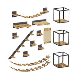 QLS Katzen Kletterwand Set XXL mit Hängebrücke und Katzenbett aus Holz und Stahl in Braun zur Wandmontage – Bild 1 von 13