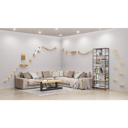 QLS Katzen Kletterwand XXL aus Holz mit Kratzbrett und Wandliege in Braun – Bild 1 von 13