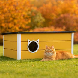 QLS Katzenhaus aus Holz in Gelb mit Vorhang wetterfest und isoliert – Bild 1 von 5
