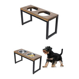 QLS Napfständer für Hunde aus Holz und Stahl mit Doppel Futternapf 26,5 cm in Braun und Silber - 0,9 l – Bild 1 von 7