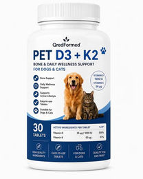 QredFormed PET D3 + K2 Wellness-Tabletten für Hunde und Katzen zur Unterstützung von Knochen, Gelenken und Muskeln für adulte Tiere 30 Stück – Bild 1 von 1