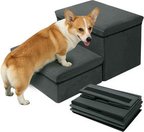 QUBEBU Haustiertreppe 2-stufige Hundetreppe und Katzentreppe faltbar mit Aufbewahrungsbox in Grau – Bild 1 von 5