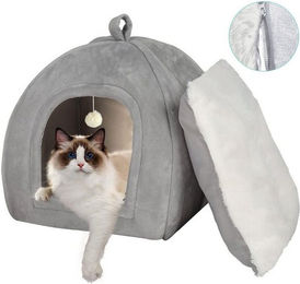 Produktbild von radelldar Tierbett Katzenhöhle XL große Katzen mit Bälle und abnehmbar Kissen, 40cm/48cm, Samt, Katzenhaus waschbar klappbar mit Handle