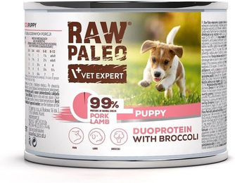 Produktbild von RAW PALEO Nassfutter mit Schweine- und Lammfleisch für Welpen 200g