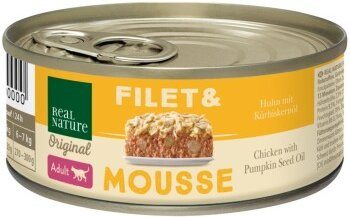 Produktbild von REAL NATURE Filet & Mousse Adult Huhn mit Kürbiskernöl - 12 x 85 g