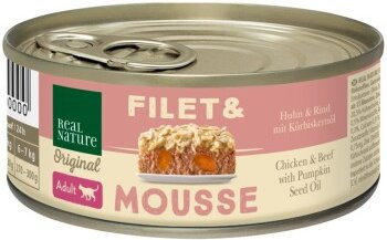 Produktbild von REAL NATURE Filet & Mousse Adult Huhn und Rind mit Kürbiskernöl - 24 x 85 g
