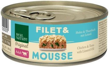 Produktbild von REAL NATURE Filet & Mousse Adult Huhn und Thunfisch mit Leinöl - 6 x 85 g