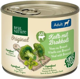 REAL NATURE Original Superfood Nassfutter für Hunde Adult Kalb mit Brokkoli - 6 x 200 g – Bild 1 von 3