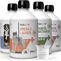 Produktbild von ReaVET Barf Futteröl 4er Set Lachs, Lein, Hanf, Mariendistel - 4 x 500 ml