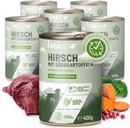 Produktbild von REAVET Hundenassfutter - Hirsch mit Süßkartoffel an Brokkoli & Preiselbeeren 6x2,4 kg