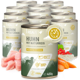 Produktbild von ReaVet Hundenassfutter Huhn mit Naturreis, Möhren & roten Johannisbeeren - 12 x 400 g