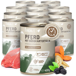 Produktbild von ReaVet Hundenassfutter Pferd mit Süßkartoffeln, Pastinaken & Brombeeren - 12 x 400 g