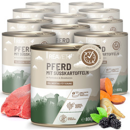 Produktbild von ReaVet Hundenassfutter Pferd mit Süßkartoffeln, Pastinaken & Brombeeren - 12 x 800 g