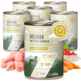 Produktbild von ReaVET Premium Hundenassfutter Huhn mit Naturreis, Möhren & roten Johannisbeeren - 6 x 400 g