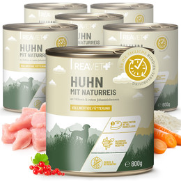 Produktbild von ReaVET Premium Hundenassfutter Huhn mit Naturreis, Möhren & roten Johannisbeeren - 6 x 800 g