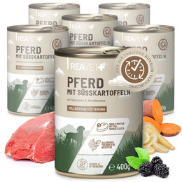 Produktbild von ReaVET Premium Hundenassfutter Pferd mit Süßkartoffeln, Pastinaken & Brombeeren - 6 x 400 g