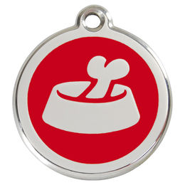 Produktbild von RedDingo Hundemarke mit individueller Gravur Knochen im Napf rot Größe M