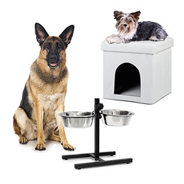 Produktbild von relaxdays 2-tlg. Hunde Set mit Sitzhocker und Doppelnapf