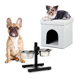 Produktbild von Relaxdays 2-tlg. Hunde Set mit Sitzhocker und Doppelnapf