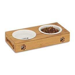 Produktbild von Relaxdays Doppel Napfständer Bambus mit Keramikschalen M