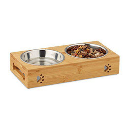 Produktbild von Relaxdays Doppelte Futterbar für kleine Hunde aus Bambus und Edelstahl
