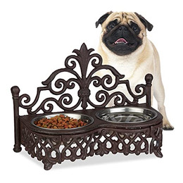 Produktbild von Relaxdays Futterbar Hunde Antik-Stil Doppelnapf Gusseisen mit Edelstahlnäpfen - 0,3 l