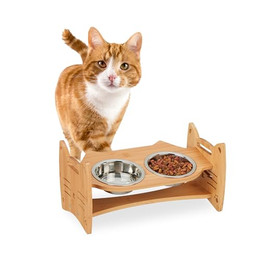 Produktbild von Relaxdays Futterstation Bambus für Katzen und kleine Hunde