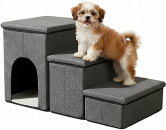 Produktbild von relaxdays Haustiertreppe Faltbare Hundetreppe mit 3 Stufen, Dunkelgrau