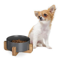 Relaxdays Hundenapf Keramik mit Bambusgestell, Grau - 850 ml – Bild 1 von 7