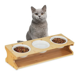 Produktbild von Relaxdays Katzen Futterstation mit 3 Näpfen aus Bambus und Keramik - 400 ml