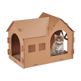 Produktbild von Relaxdays Katzenhaus Pappe mit Kratzbrett und Katzenminze