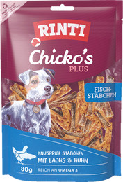 Produktbild von RINTI Chicko Plus 80 Gramm Hundesnacks Sparpaket 12 x 80 Gramm Fischstäbchen mit Lachs & Huhn