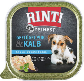 Produktbild von RINTI Feinest 150g Schale Hundenassfutter Sparpaket 22 x 150 Gramm Geflügel Pur & Kalb