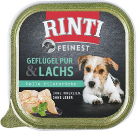 Produktbild von RINTI Feinest 150g Schale Hundenassfutter Sparpaket 22 x 150 Gramm Geflügel Pur & Lachs