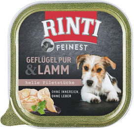 Produktbild von RINTI Feinest 150g Schale Hundenassfutter Sparpaket 22 x 150 Gramm Geflügel Pur & Lamm