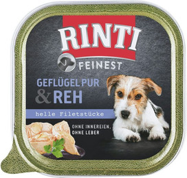Produktbild von RINTI Feinest 150g Schale Hundenassfutter Sparpaket 22 x 150 Gramm Geflügel Pur & Reh