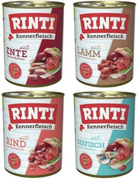 Produktbild von RINTI Kennerfleisch 24 x 400g Mixpaket (Lamm,Rind,Seefisch,Ente)  Hundenassfutter