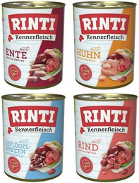 Produktbild von RINTI Kennerfleisch Dose 24 x 400g Mixpaket (Huhn,Ente,Pute,Geflügelherzen)  Hundenassfutter