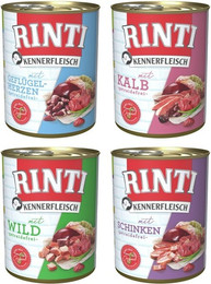 Produktbild von RINTI Kennerfleisch Dose 24 x 800g Mixpaket (Kalb,Geflügelherzen,Wild,Schinken) Hundenassfutter