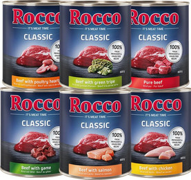 Produktbild von Rocco Classic Probiermix Mix 1: Rind mit Huhn, Lachs, Geflügelherzen, Wild, Grünem Pansen - 6 x 800 g