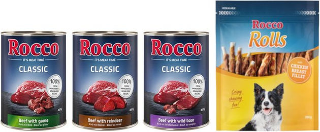 Produktbild von Rocco Classic Probiermix Nassfutter und Rolls Snack Wild-Mix - 24 x 400 g