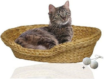 Produktbild von Rohrschneider Komfortables Katzenkörbchen aus Wasserhyazinthe mit Kissen