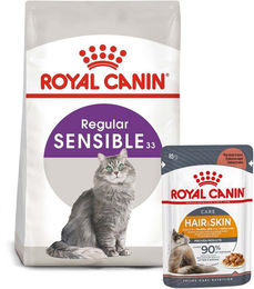 Produktbild von ROYAL CANIN SENSIBLE Trockenfutter und INTENSE BEAUTY Nassfutter für Katzen - 10 kg