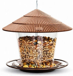 R2 Invest Vogelhaus Vogelfutterspender zum Aufhängen mit Dach aus Kunststoff Braun Transparent 16 x 16 cm – Bild 1 von 4