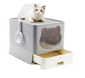 RAIKOU Haubentoilette für Katzen XXL aus Kunststoff in Grau mit Schubladenprinzip und Schaufel – Bild 1 von 9